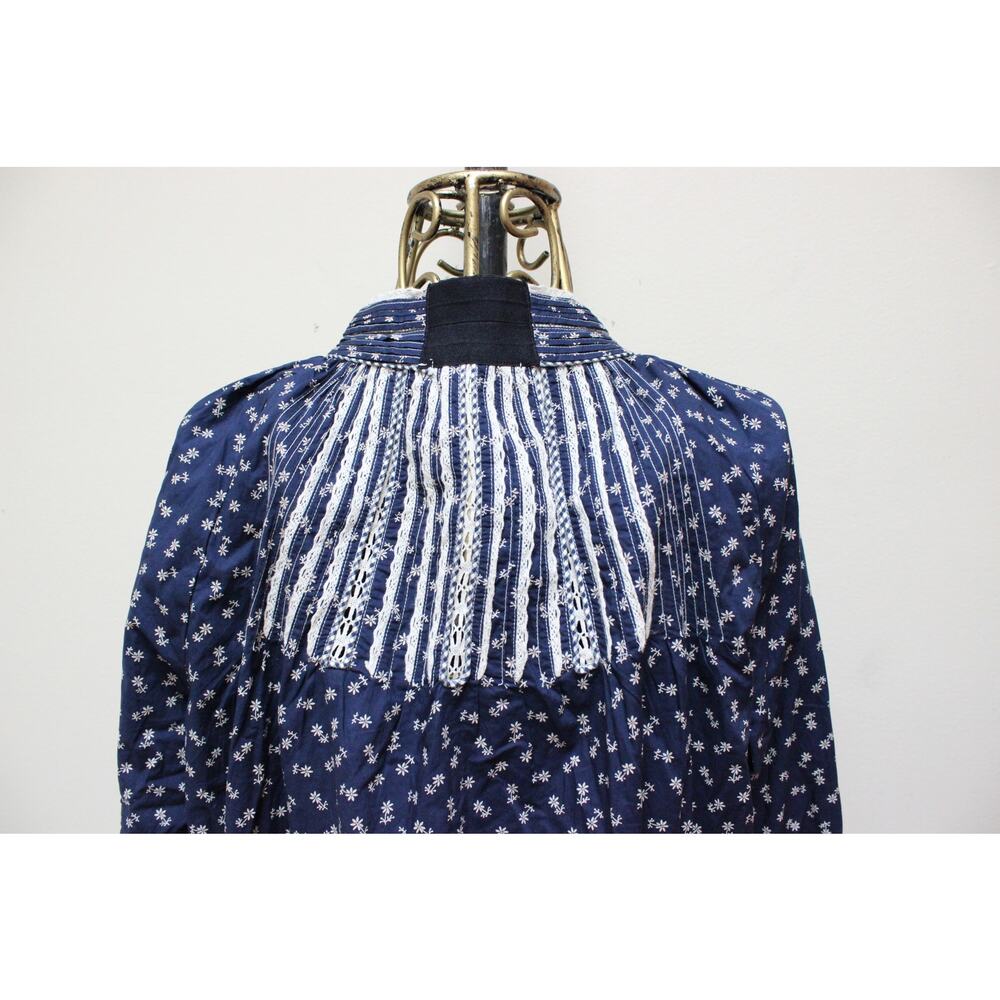 Doen Navy Beatrice Blue Floral Long Sleeve Pleated High Collar Dress Size XXL - Picture 7 of 8